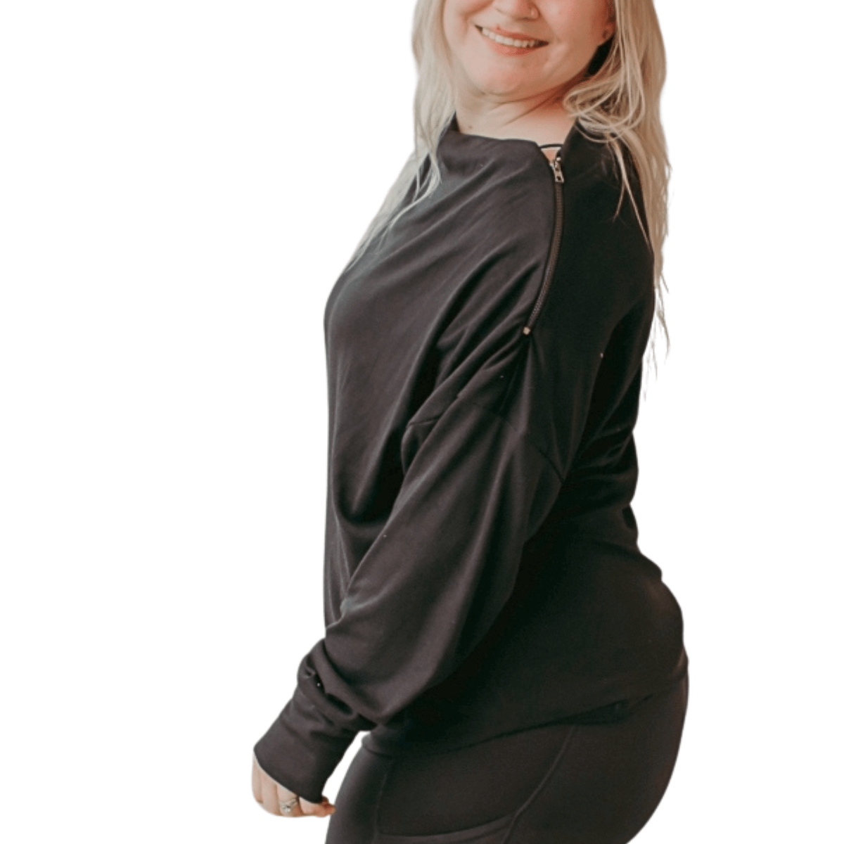 Black Ribbed Shoulder Zip Top - The Boutique Outlet